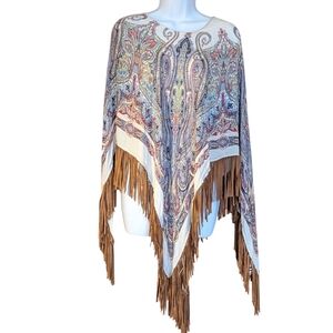 Boho Paisley Fringe Poncho in Cream and Brown One Size Western Country